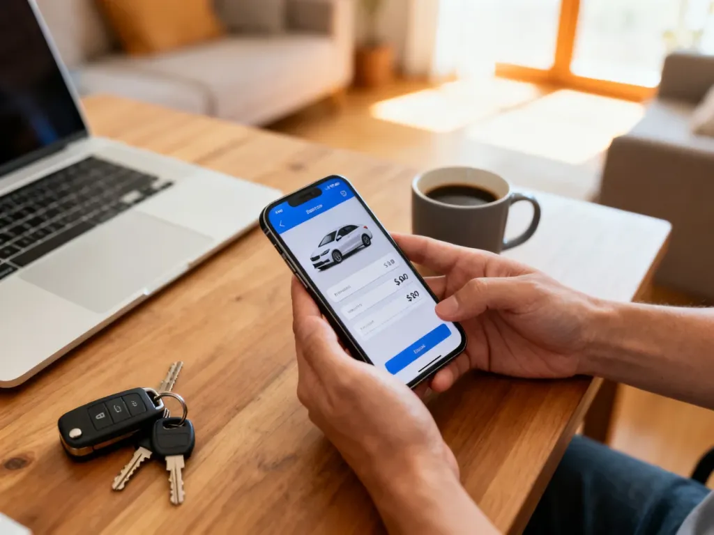 Osoba wystawiająca ogłoszenie sprzedaży auta na OLX w aplikacji mobilnej, przy biurku z laptopem, kluczykami i kawą.