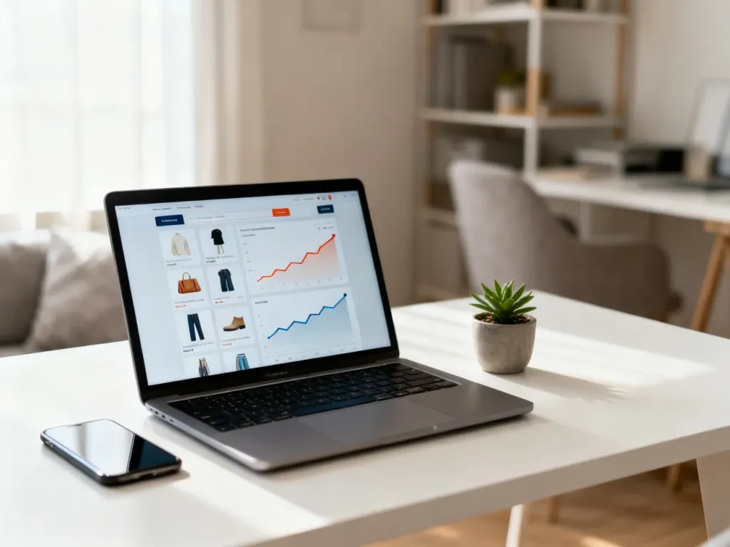 Laptop z panelem marketplace, rosnącymi wykresami i produktami, symbolizujący rozwój sprzedaży na eMag w domowym biurze.