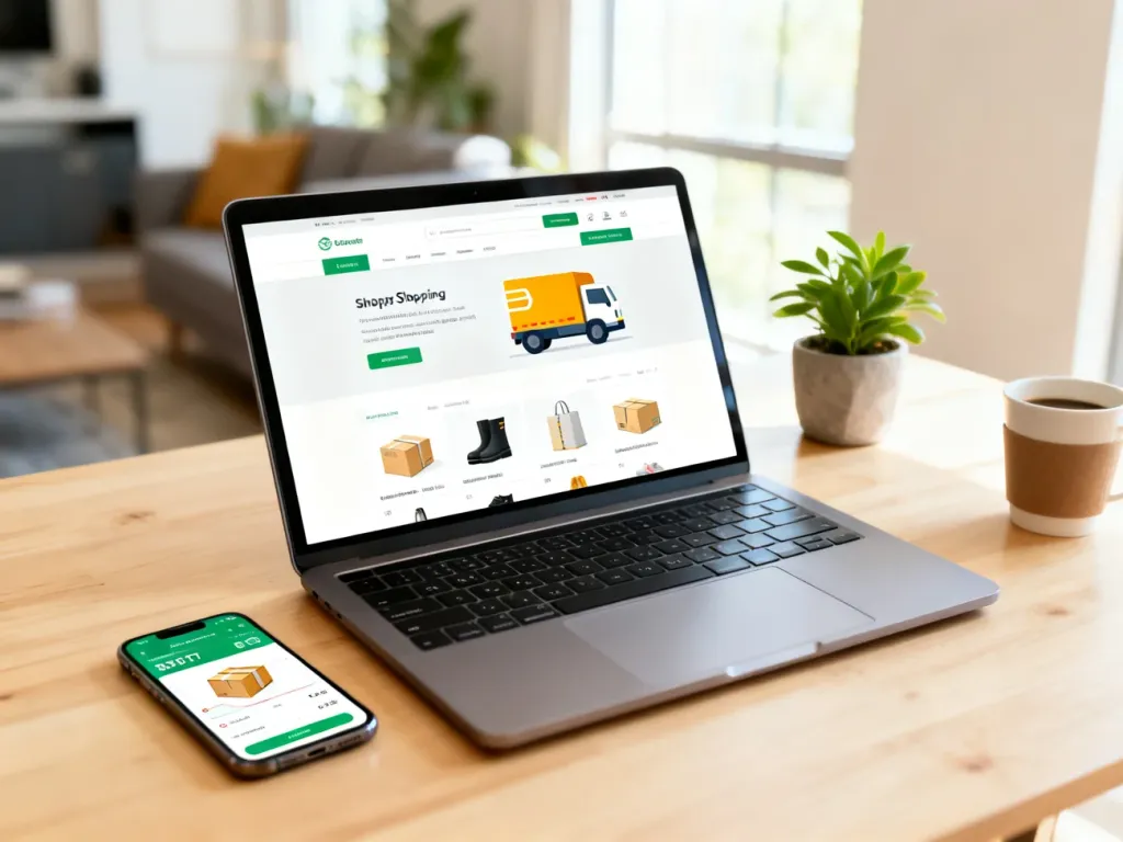 Laptop i smartfon z otwartym sklepem internetowym i śledzeniem paczki, symbolizujące zakupy online z szybką dostawą.