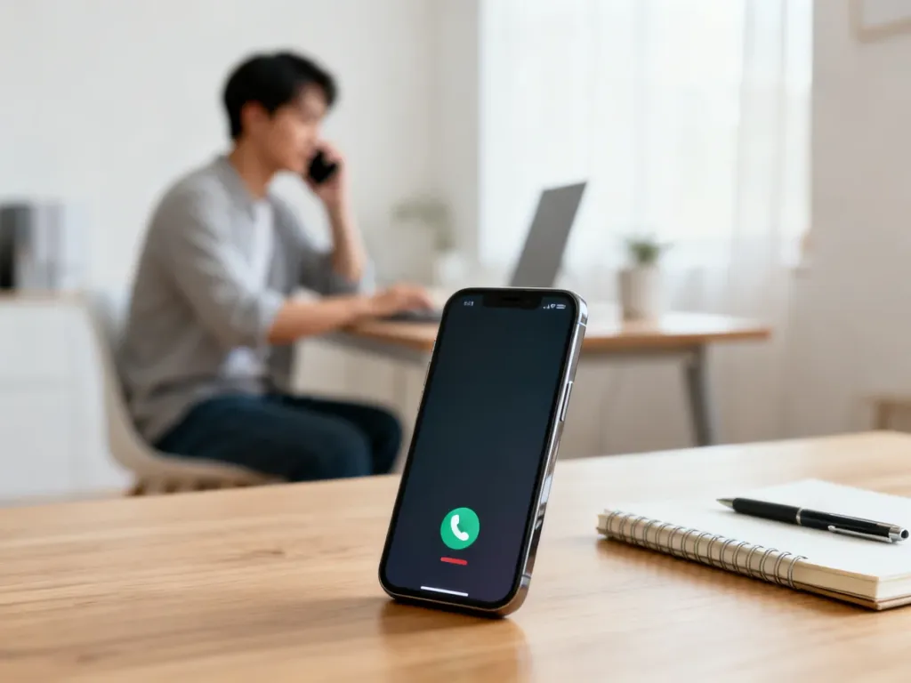 Smartfon z nadchodzącym połączeniem na biurku, w tle osoba rozmawiająca przez telefon w jasnym, domowym biurze.