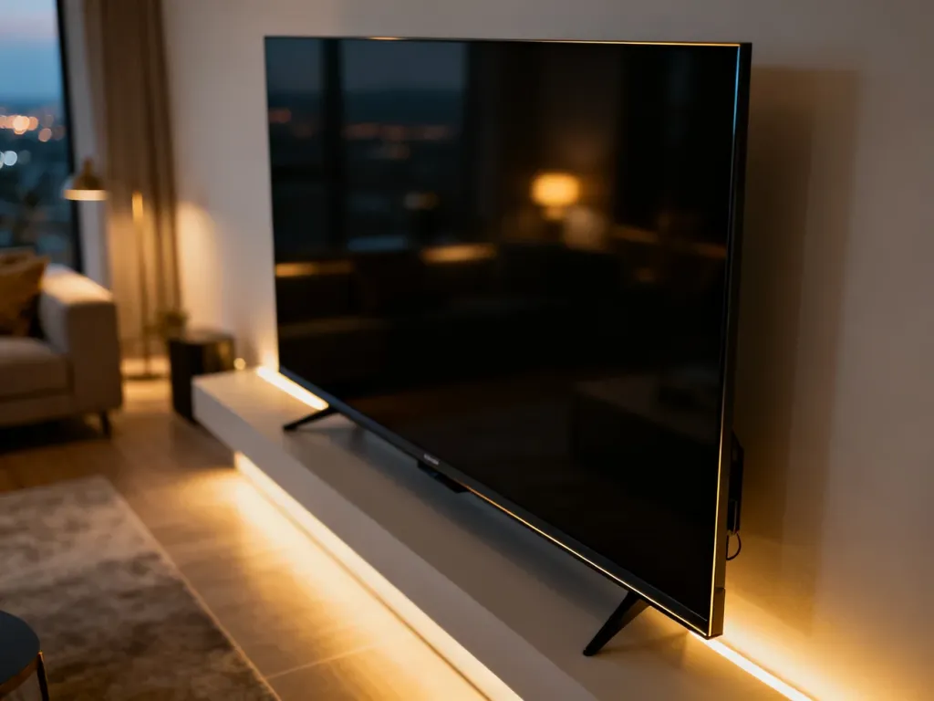 Nowoczesny telewizor 55-calowy zamontowany na ścianie w minimalistycznym salonie, ukazujący smukły profil urządzenia.