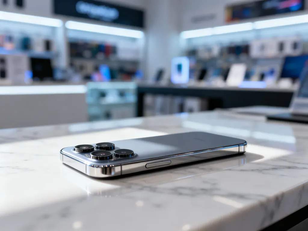 iPhone 15 Pro leżący na marmurowym blacie, prezentujący elegancki design i zaawansowany system aparatów.