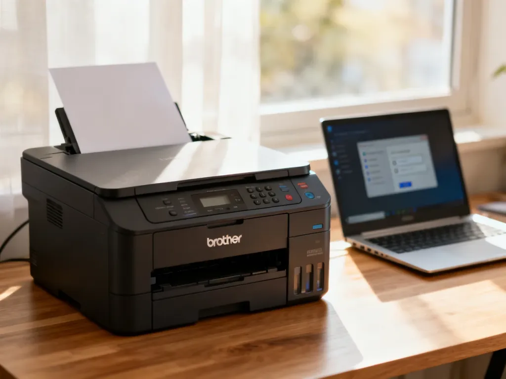 Drukarka laserowa Brother na biurku obok laptopa z otwartym oknem ustawień systemowych w nowoczesnym biurze.
