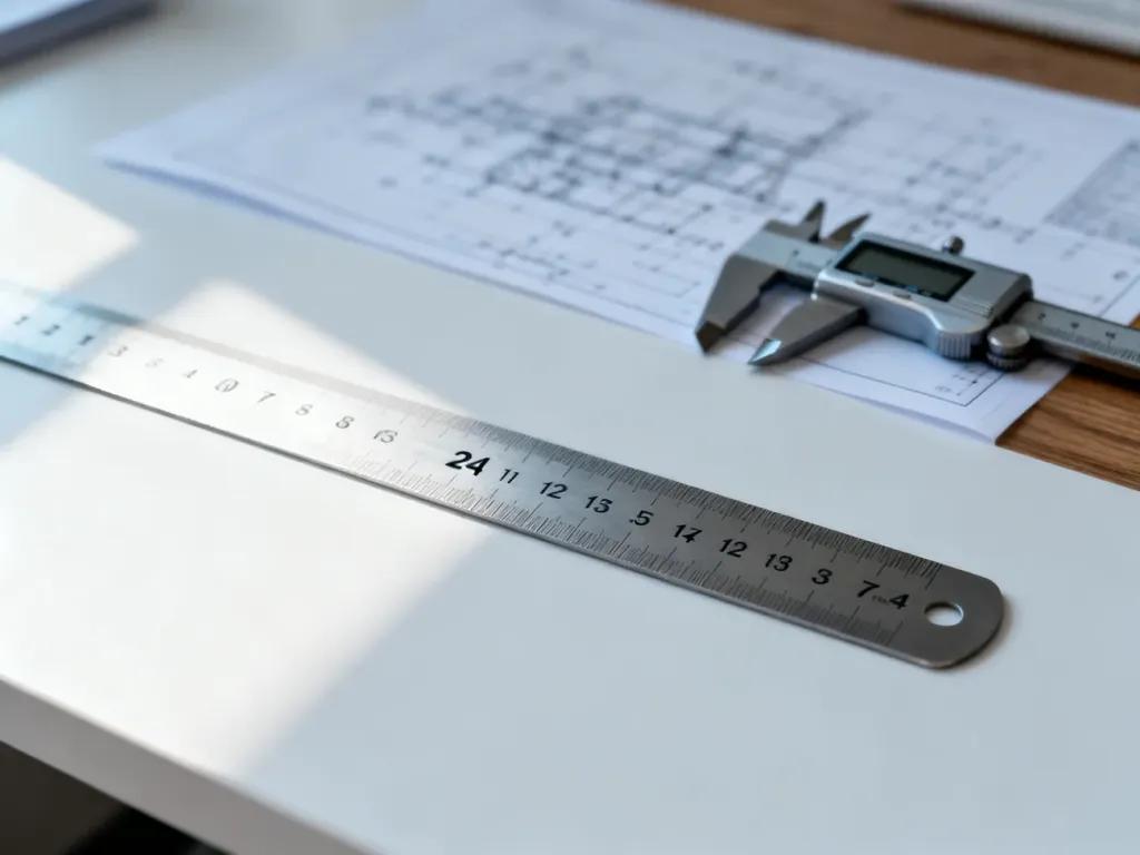 Metalowa linijka na biurku z wyraźnie zaznaczoną wartością 24 cali i odpowiadającą jej skalą w centymetrach.