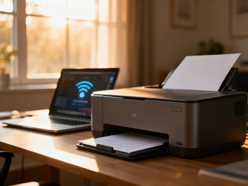 Nowoczesna drukarka bezprzewodowa na biurku obok laptopa, symbolizująca łatwe połączenie Wi-Fi w domowym biurze.