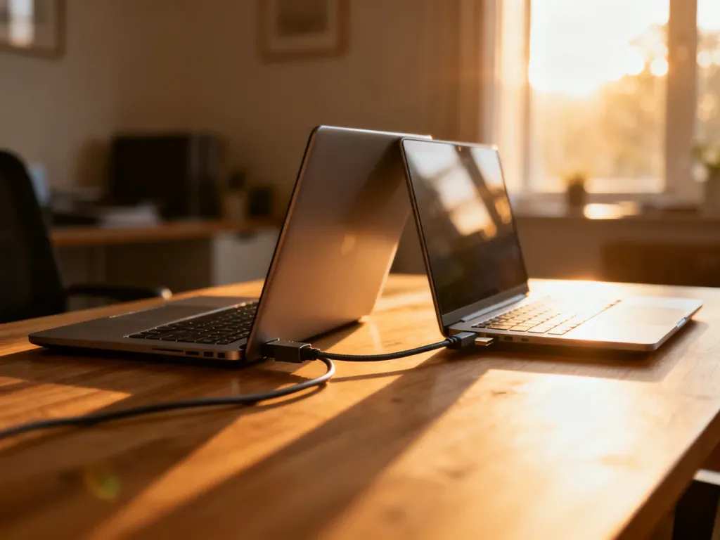 Dwa laptopy ustawione obok siebie na biurku, połączone kablem do szybkiego przesyłania danych.