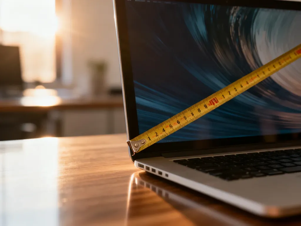 Miarka rozciągnięta na ekranie nowoczesnego laptopa, obrazująca sposób pomiaru przekątnej wyświetlacza w centymetrach.
