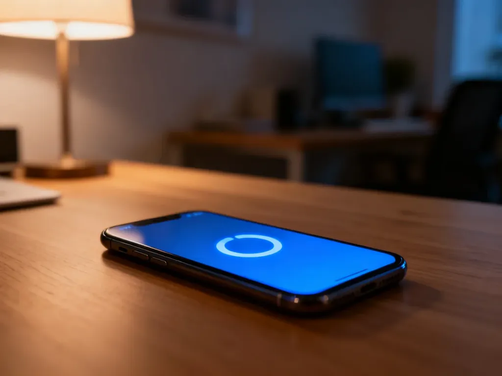 Smartfon z ikoną ładowania na ekranie leżący na drewnianym biurku, symbolizujący proces przywracania ustawień fabrycznych.