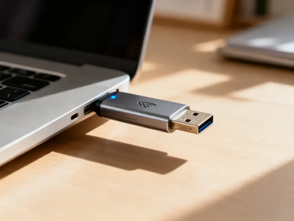 Nowoczesny adapter Wi-Fi podłączony do portu USB laptopa, sygnalizujący działanie niebieską diodą.