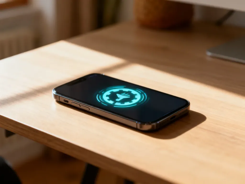 Nowoczesny smartfon na drewnianym biurku z ikoną resetowania systemu na ekranie, symbolizujący proces przywracania ustawień.
