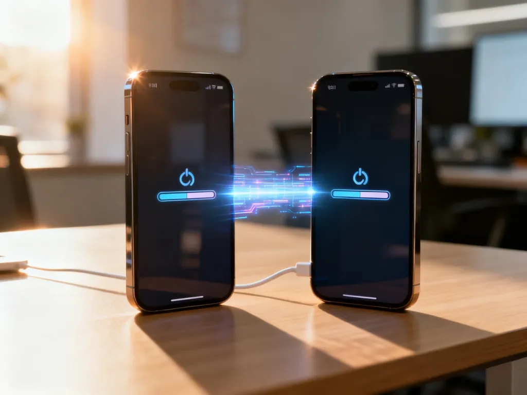 Dwa telefony iPhone leżące obok siebie na biurku, połączone cyfrową wiązką symbolizującą proces przesyłania danych.