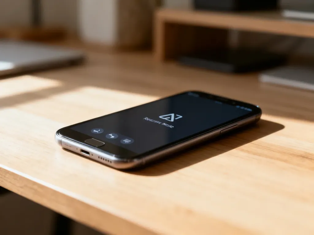 Smartfon z widocznym menu trybu odzyskiwania leżący na drewnianym biurku, gotowy do wykonania resetu ustawień.