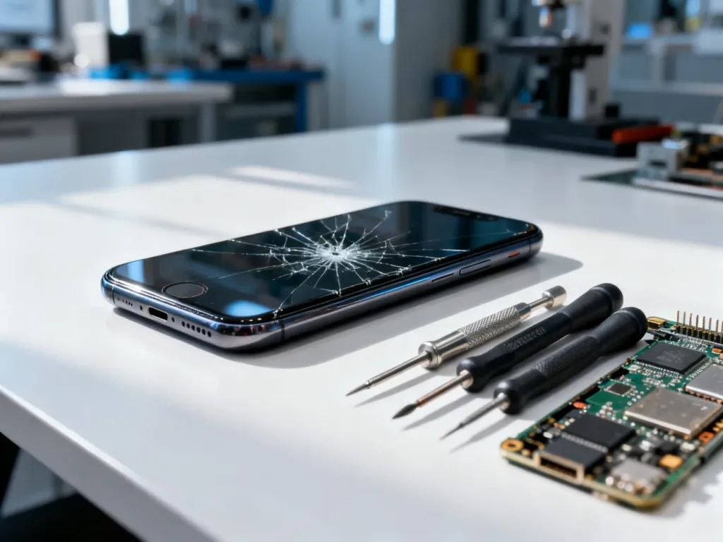 Nowoczesny smartfon z pękniętym ekranem na stole serwisowym w otoczeniu profesjonalnych narzędzi do naprawy elektroniki.