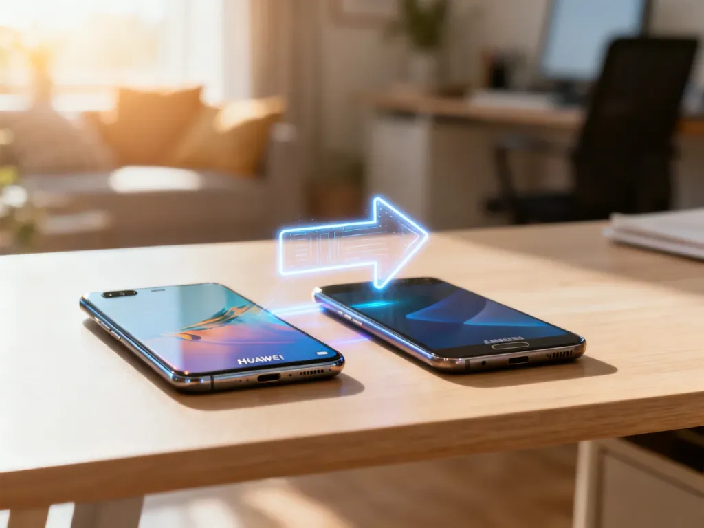 Dwa smartfony Huawei i Samsung leżące obok siebie na biurku, z ikoną transferu danych między nimi.