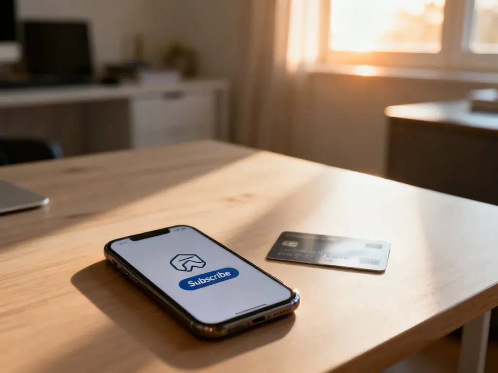 Smartfon z przyciskiem subskrypcji i karta płatnicza na biurku, symbolizujące proces opłacania usług subskrypcyjnych.