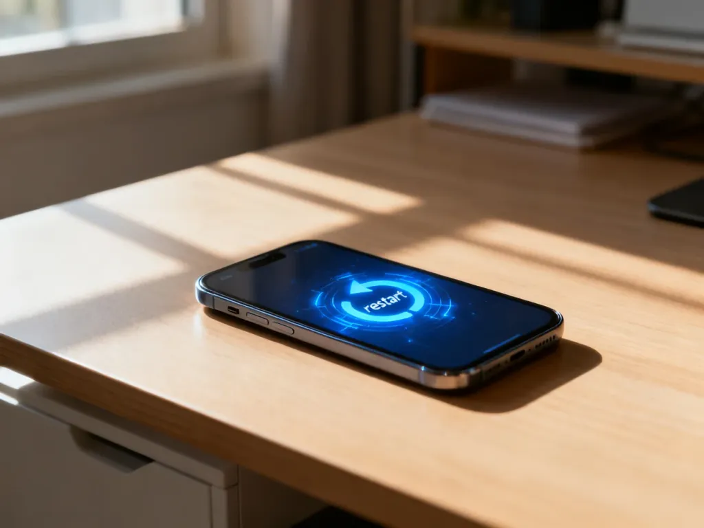 Nowoczesny smartfon na drewnianym biurku z ikoną restartu na ekranie, symbolizujący proces resetowania systemu Android.