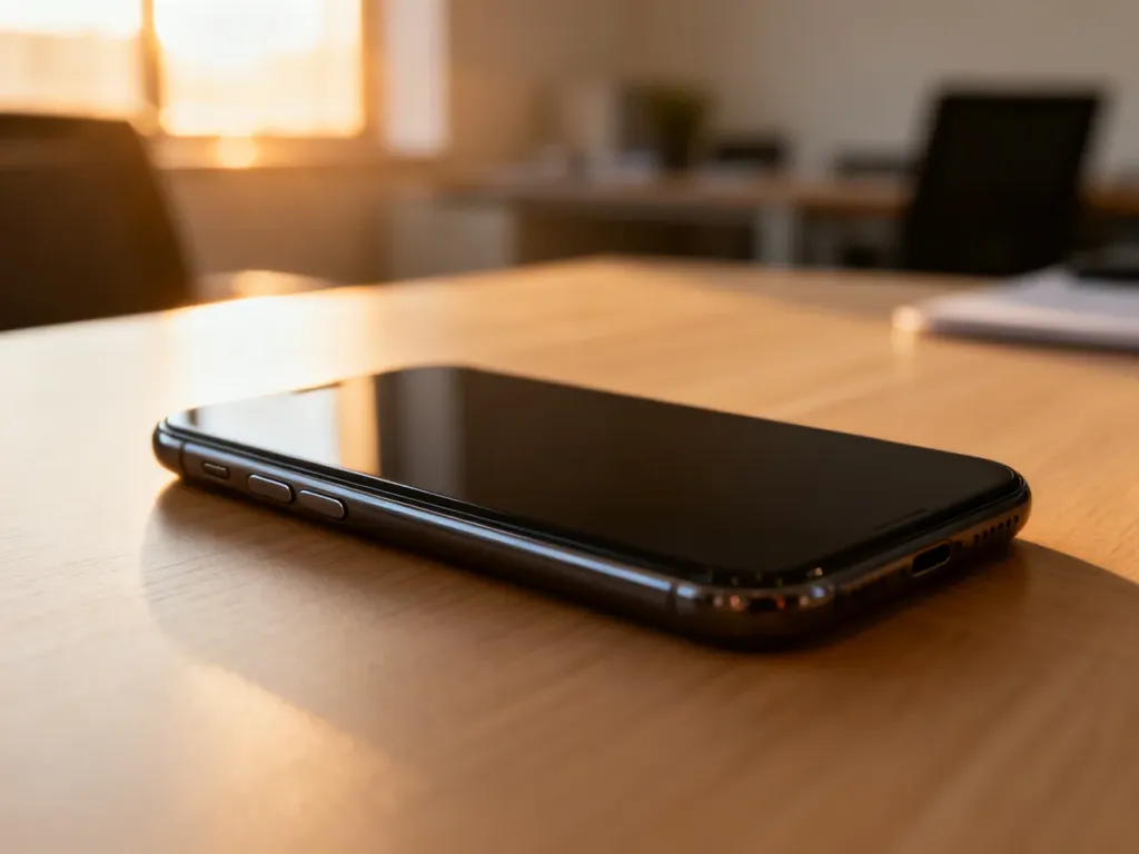 Nowoczesny smartfon leżący na drewnianym biurku, z wyraźnie widocznymi przyciskami bocznymi służącymi do resetowania urządzenia.