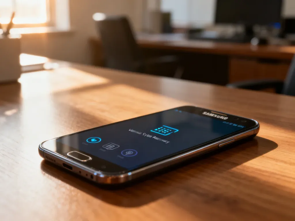 Ekran smartfona Samsung z widocznym menu odzyskiwania systemu, umieszczony na drewnianym biurku w świetle poranka.