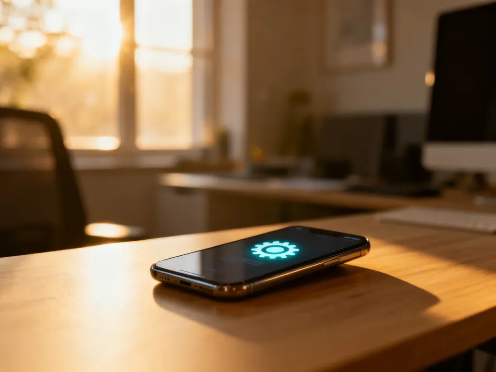 Smartfon leżący na biurku z wyświetloną ikoną ustawień systemowych, symbolizujący proces resetowania urządzenia.
