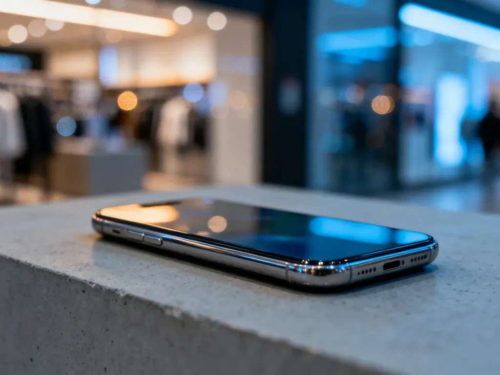 Nowoczesny smartfon na minimalistycznym tle, prezentujący elegancki design urządzenia.