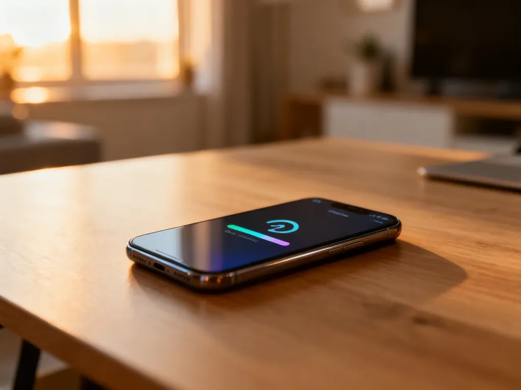 Smartfon leżący na drewnianym biurku z ikoną transferu danych na ekranie, symbolizujący proces przenoszenia plików WhatsApp.