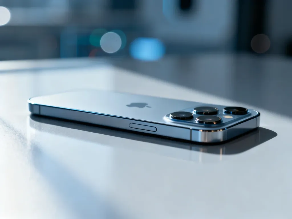 Elegancki iPhone 13 na jasnym, odbijającym światło podłożu, prezentujący design i moduł aparatu urządzenia.