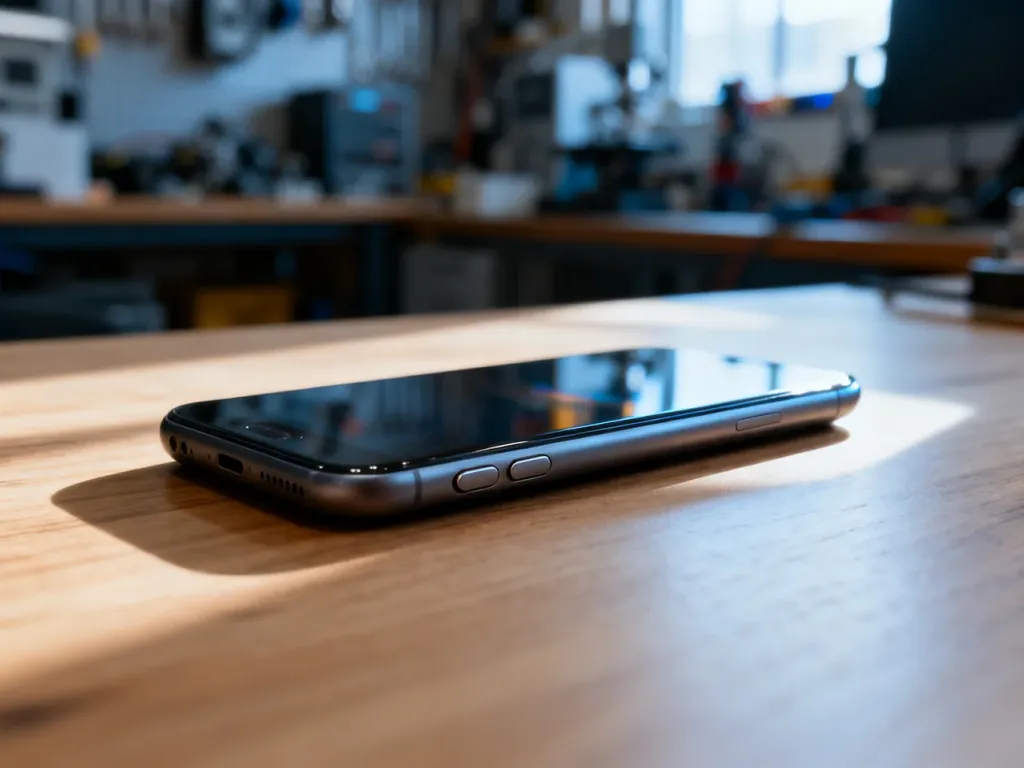 Nowoczesny smartfon leżący na drewnianym biurku, z wyraźnie widocznymi przyciskami bocznymi służącymi do resetowania urządzenia.