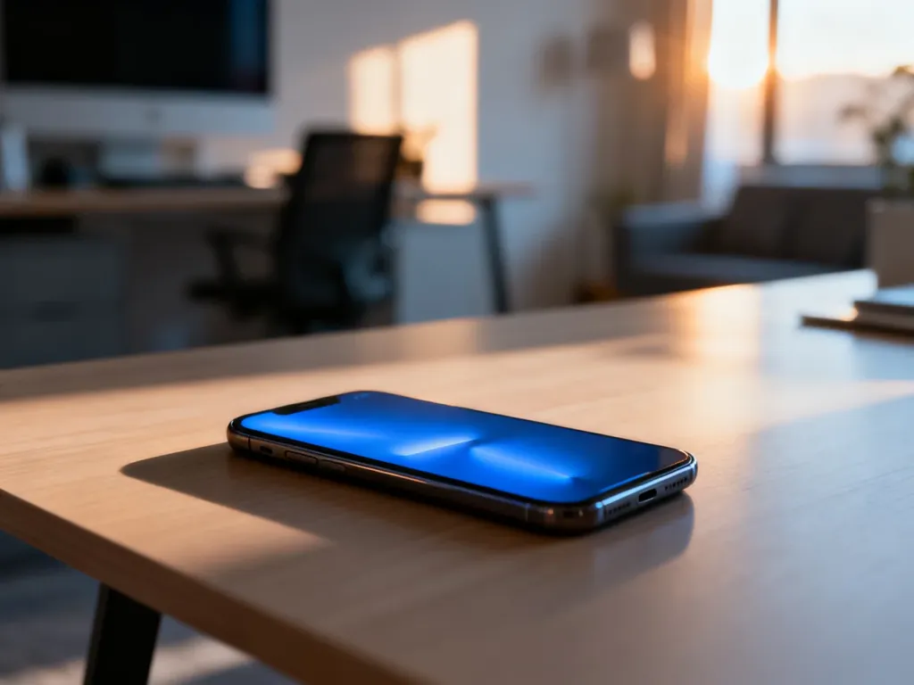 Nowoczesny smartfon leżący na drewnianym biurku z podświetlonym ekranem, symbolizujący proces resetowania urządzenia.