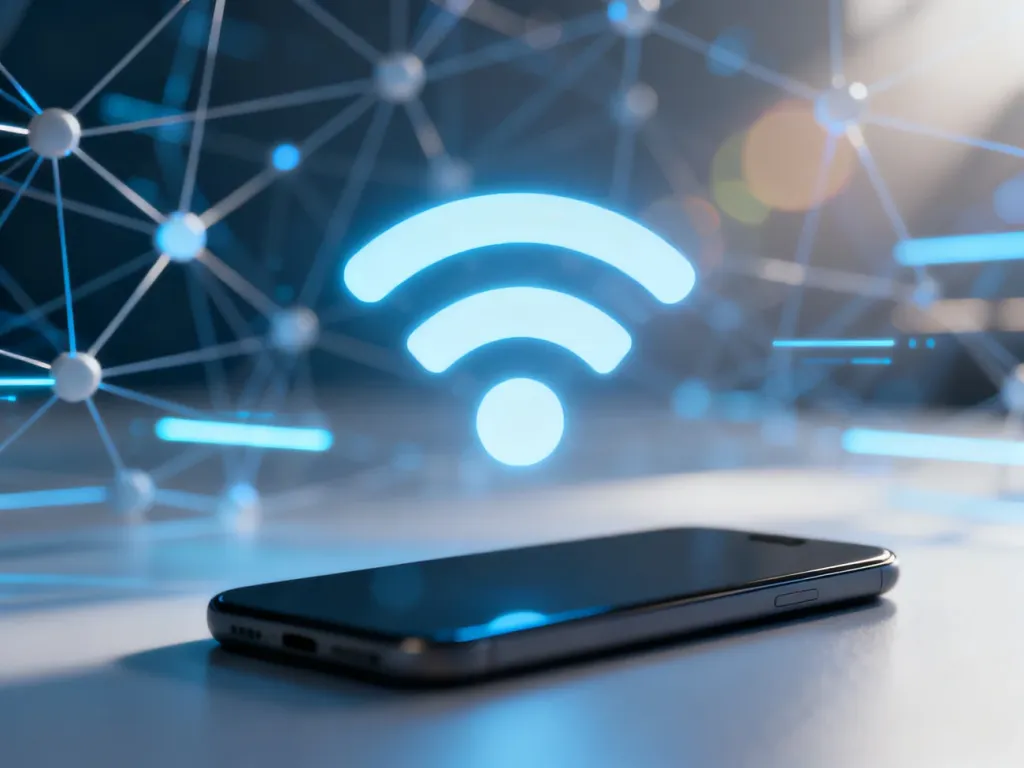 Ikona Wi-Fi unosząca się nad smartfonem na tle cyfrowej sieci, symbolizująca technologię Wi-Fi Calling.