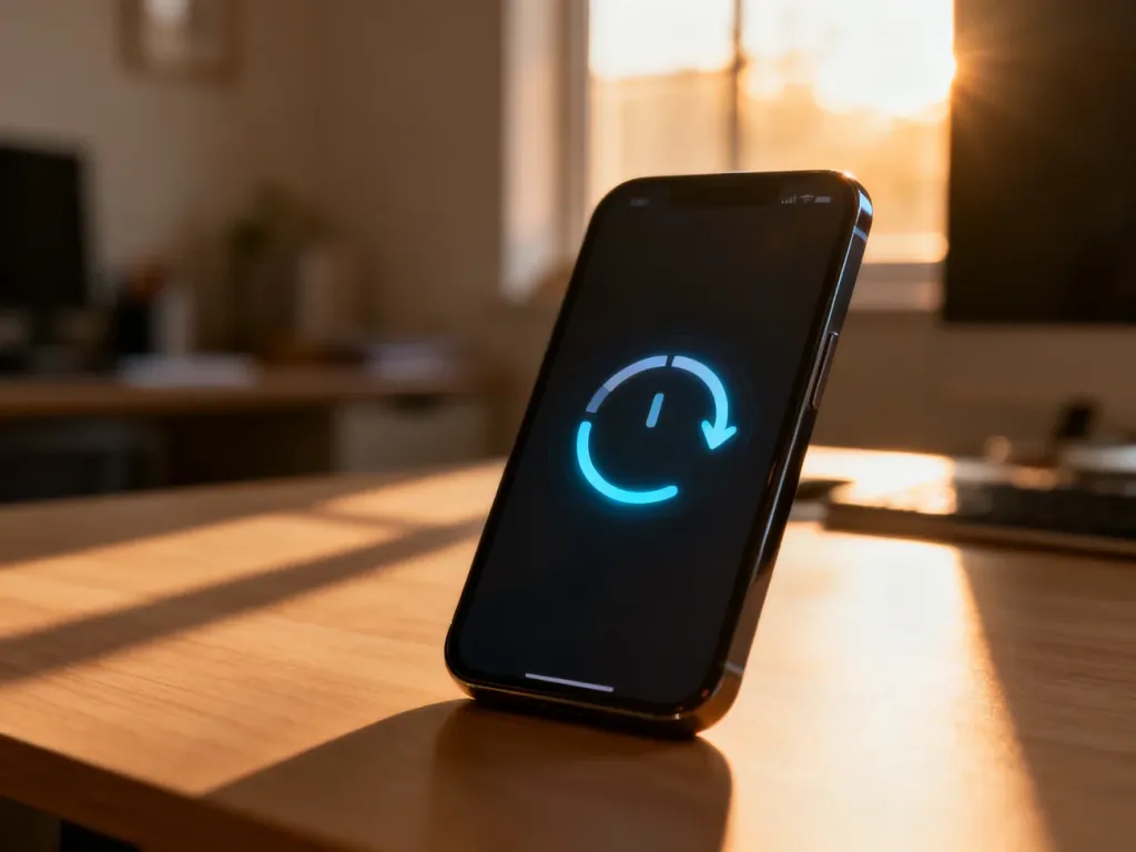 Nowoczesny smartfon z ikoną resetowania systemu na ekranie, leżący na drewnianym biurku w słonecznym biurze.