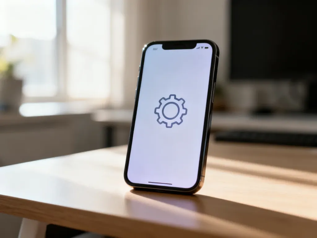 Nowoczesny smartfon z ikoną resetowania systemu na ekranie, leżący na drewnianym biurku w jasnym biurze.