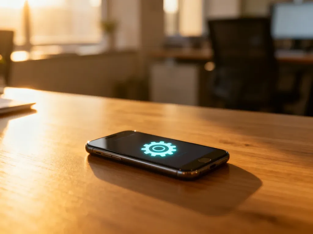 Smartfon z ikoną ustawień na ekranie leżący na drewnianym biurku, symbolizujący proces konfiguracji urządzenia.