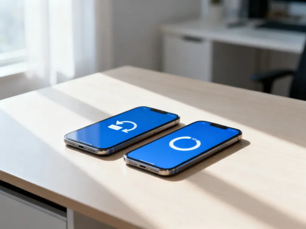 Dwa smartfony leżące obok siebie na biurku, symbolizujące proces przesyłania danych między systemami Android i iOS.