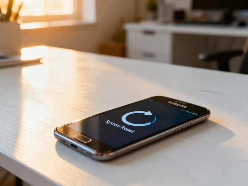 Ekran smartfona Samsung z ikoną resetowania systemu, umieszczony na minimalistycznym biurku w jasnym biurze.