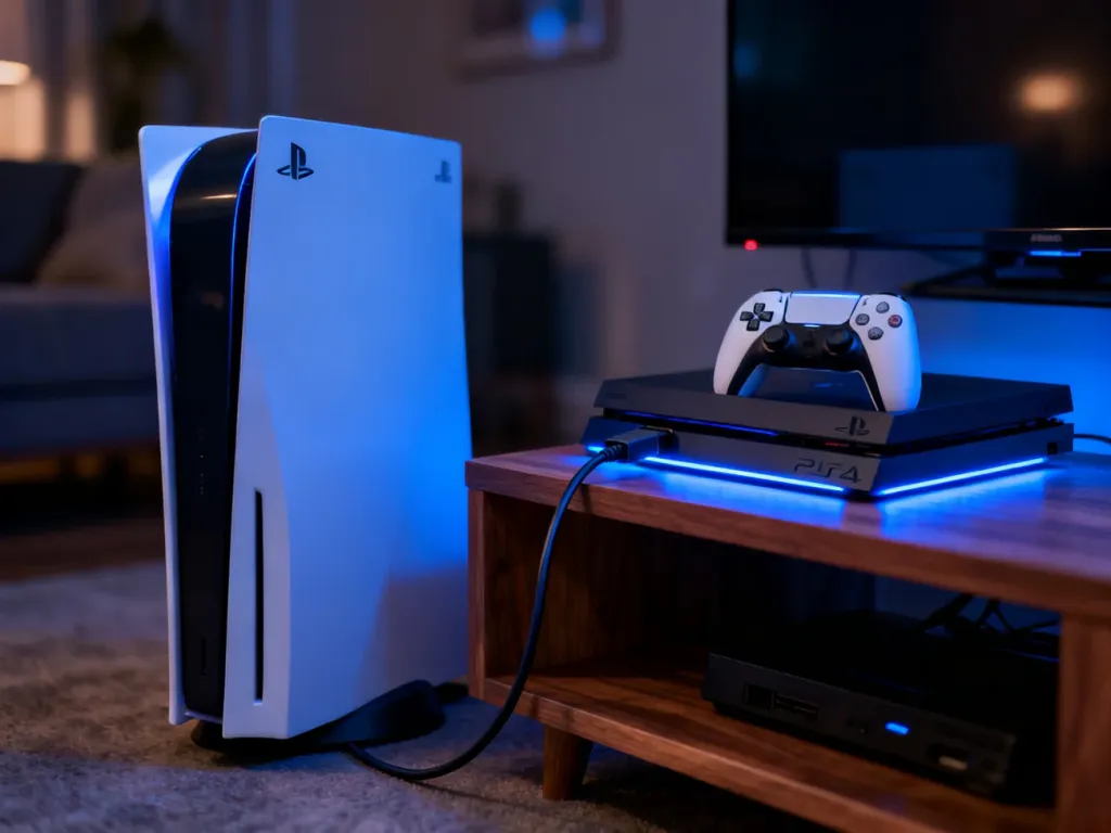 Konsola PlayStation 5 i PlayStation 4 połączone kablem danych na szafce RTV w nowoczesnym salonie.